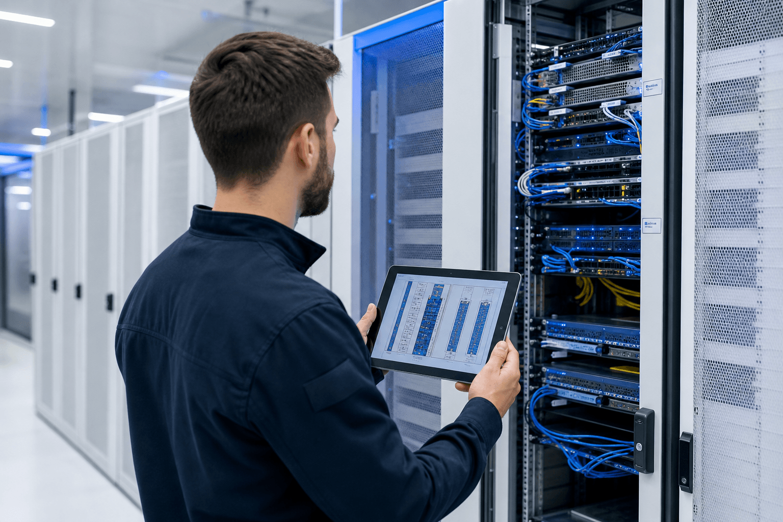 An engineer recording asset details on a tablet in front of an open server rack