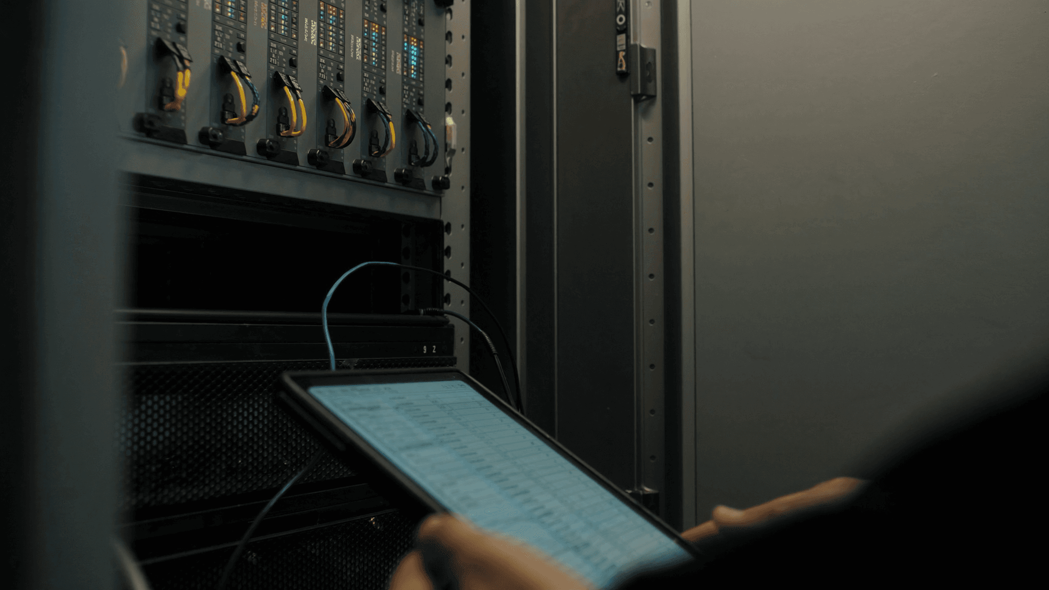 An engineer holding a tablet showing an asset spreadsheet in front of an open server rack with labelled cables