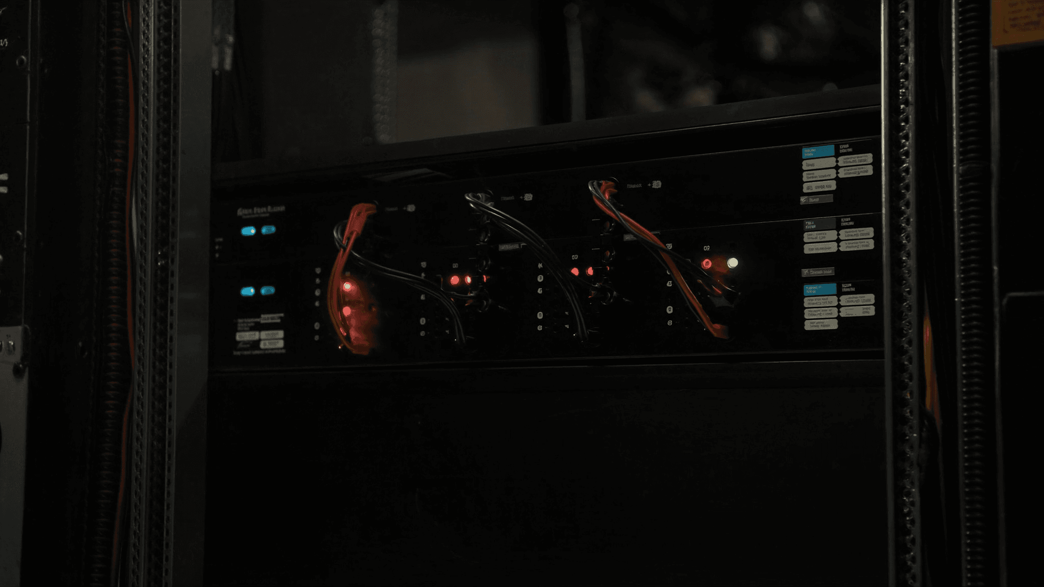 A rack-mounted PDU with coloured LED outlet indicators and neatly dressed power leads inside a server cabinet