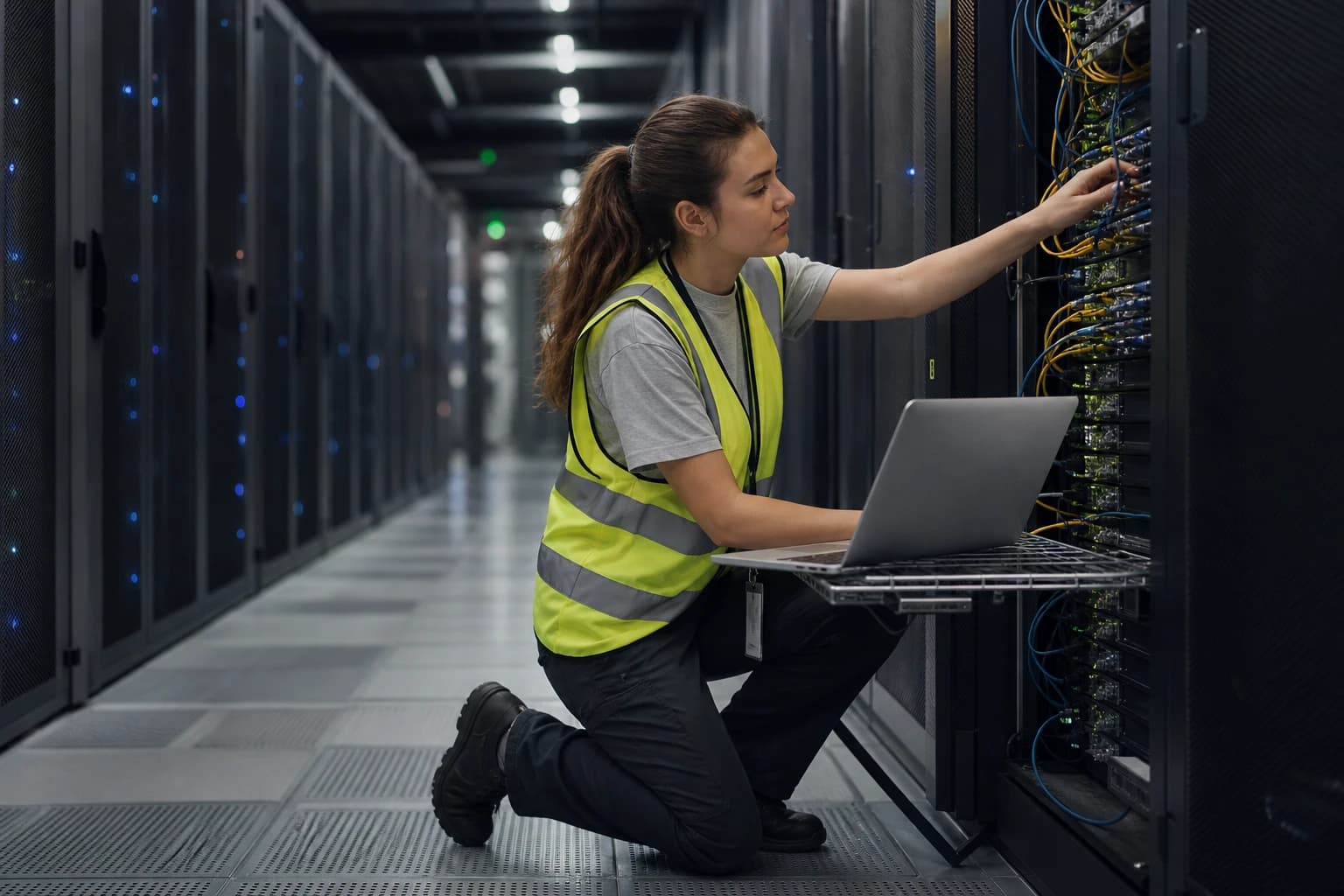 An engineer in a hi-vis vest kneeling at an open server rack, one hand on a fibre patch panel and a laptop resting on a cable tray beside her, in a data hall aisle lit blue