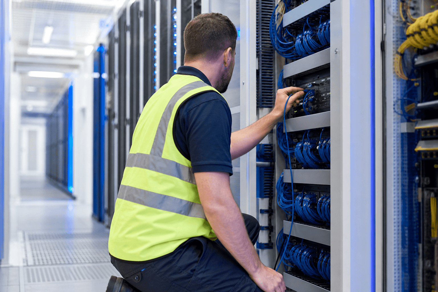 A DataOptix engineer in a hi-vis vest working at an open server rack in a data hall