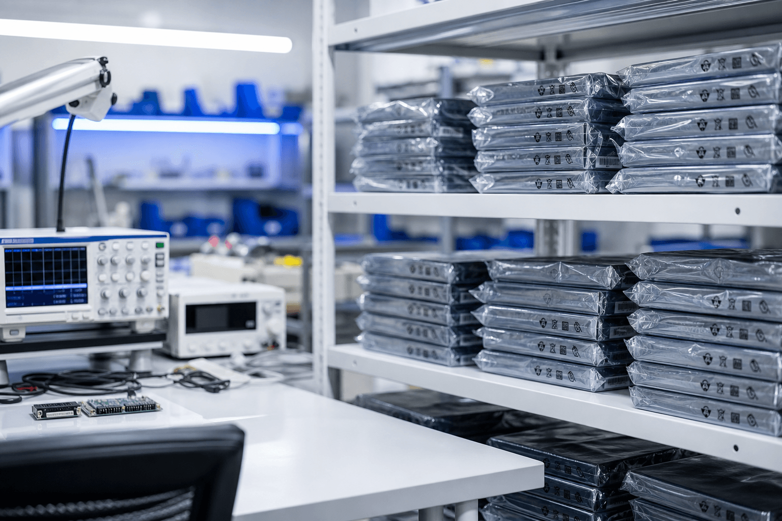 Antistatic-bagged spare parts stacked on shelves above a test bench